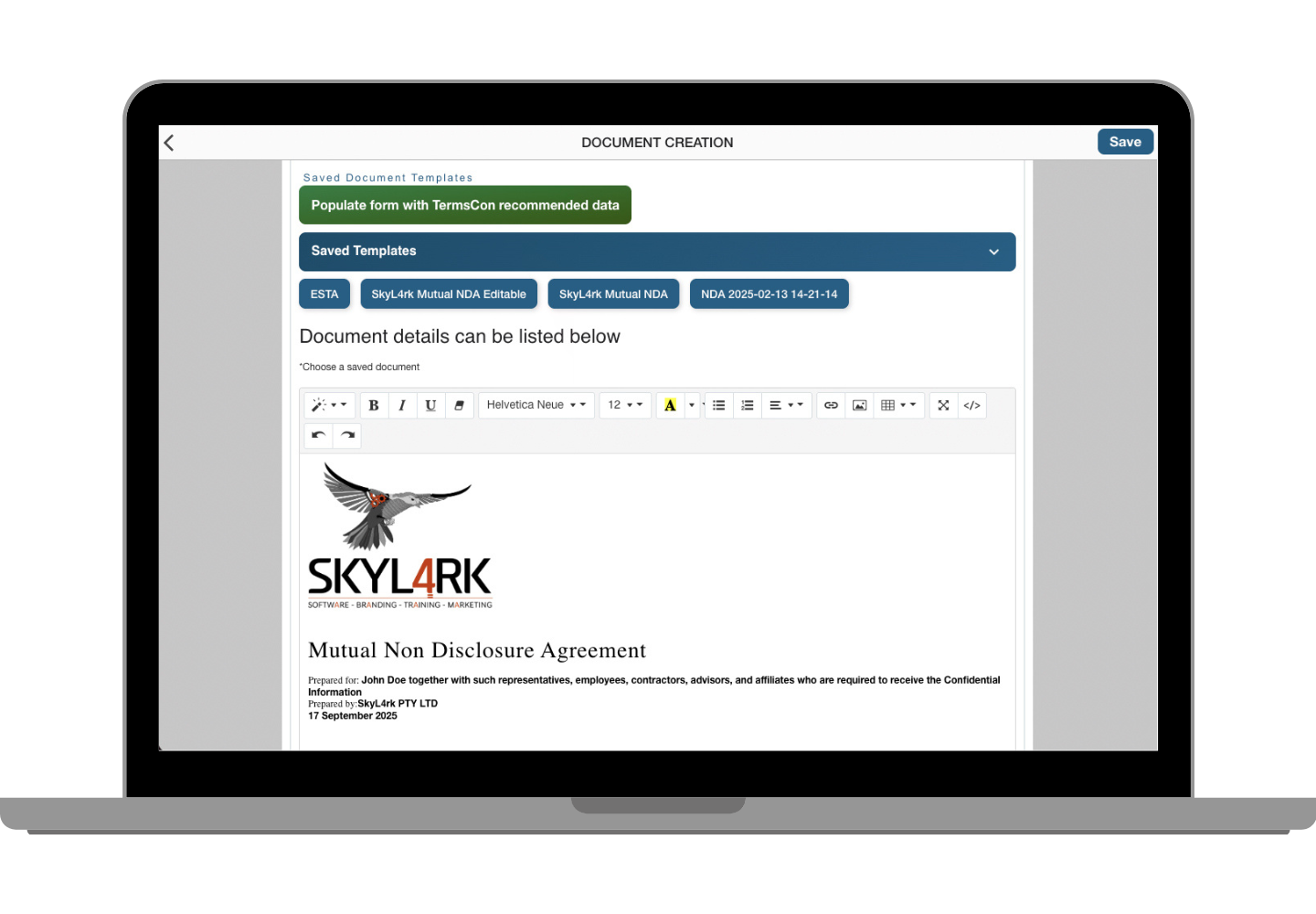 Insert Saved Document Template