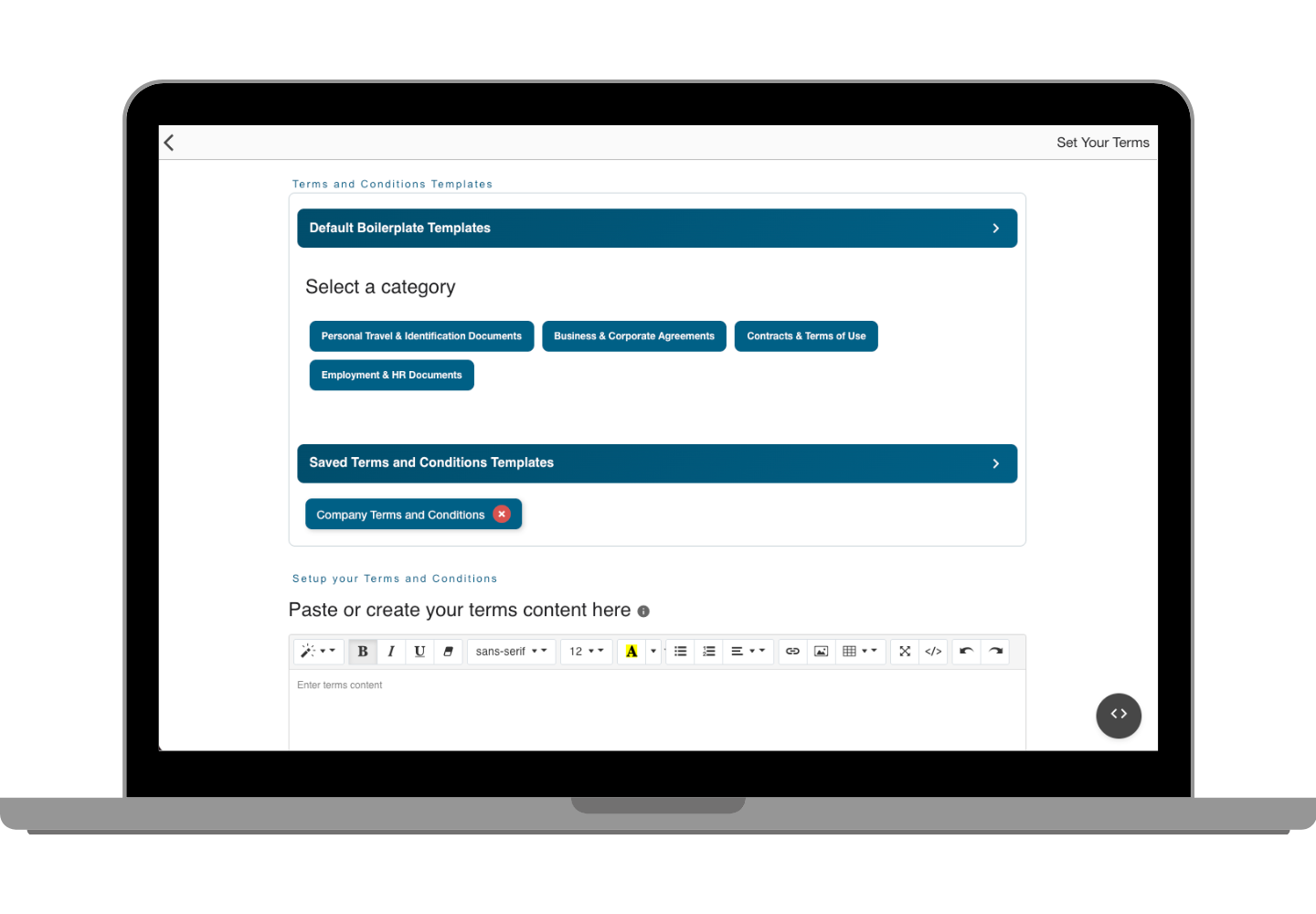 Terms and Conditions Setup